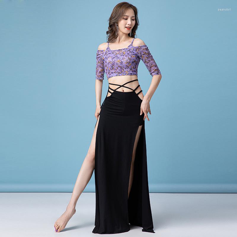 

Stage Wear Sexy Off Shoulder Neck Outfit Gilrs Belly Dance Class 2 Pieces Floral Costume Set Straps Top And Long Skirt, Orange-black