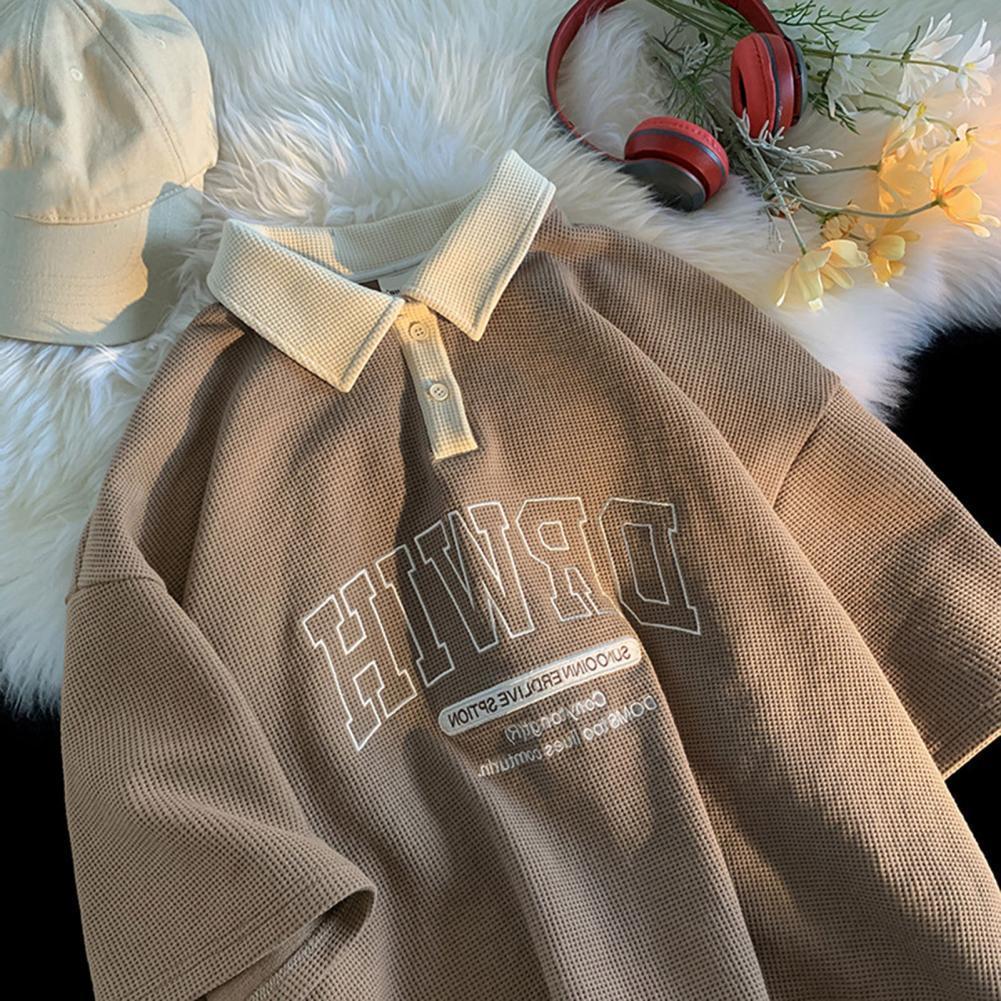 

Men's Polos Waffle polo short-sleeved t-shirt Men Women Summer Short Sleeves Loose Type Turn-down Collar Pullover Preppy Style Student Tops 230317, Beige