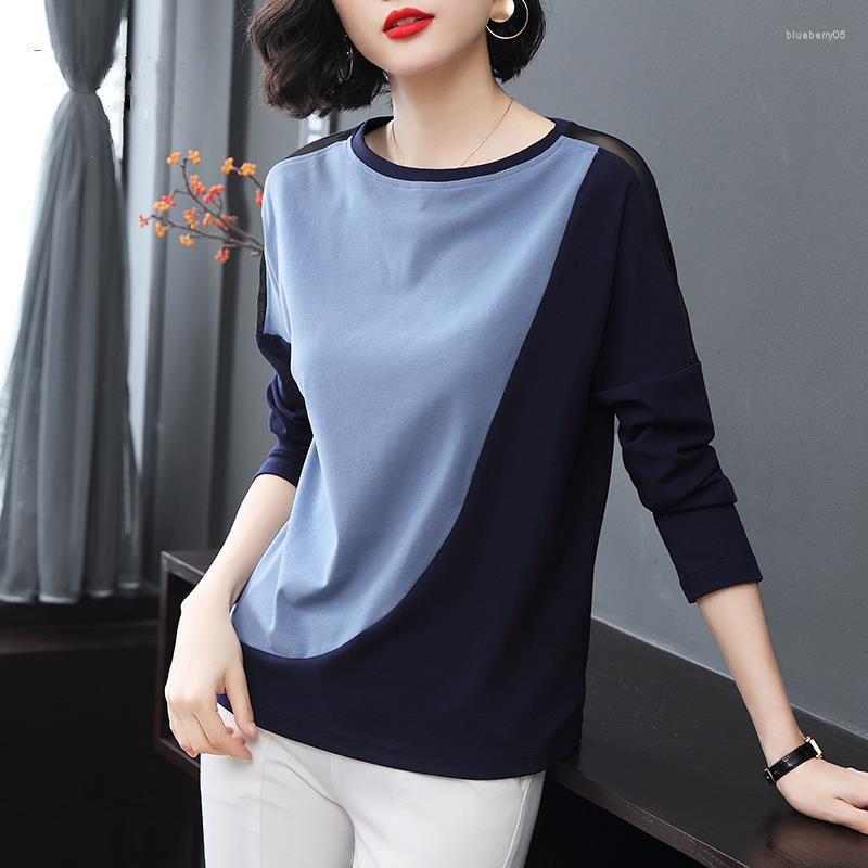 

Women's T Shirts Woman Tshirts Long Sleeve Top Tee Shirt Women Cotton Stitch Female Mesh Off Shoulder Elegant Ladies Clothes Casual, Blue