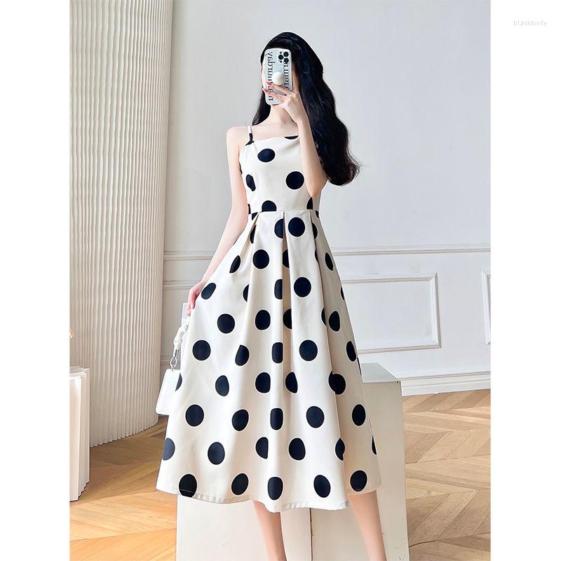

Casual Dresses Elegance A-line Long Dot Summer Suspender Women Point Skinny Sweet Korean French High Waist, Long dress