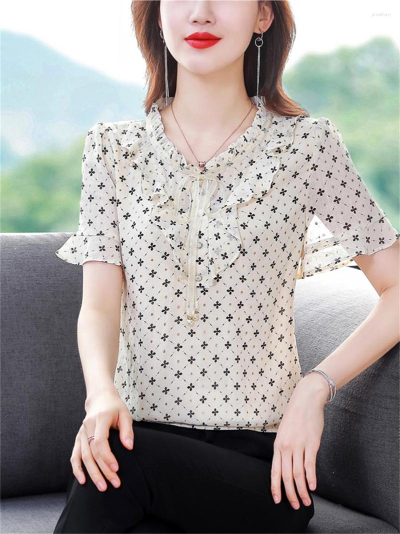 

Women's Blouses Woman Summer Style Chiffon Tops Lady Casual Short Flare Sleeve Bow Tie Collar Flower Printed Blusas DF4298, Orange
