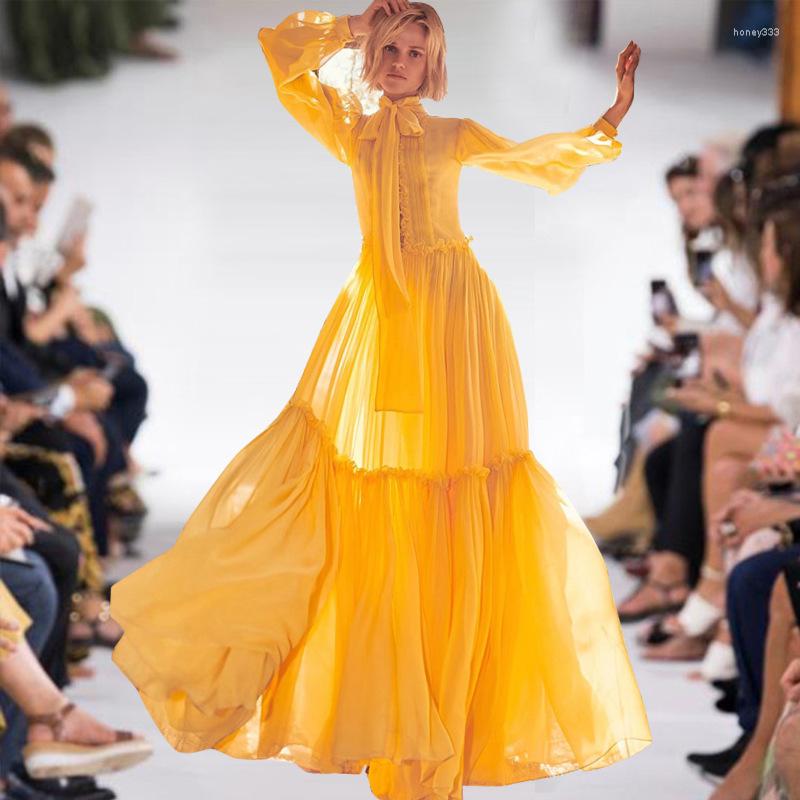

Casual Dresses Boho Summer Clothes For Women 2023 Vacation Bohemian Long Sleeve Maxi Dress Elegant Yellow Chiffon Femme
