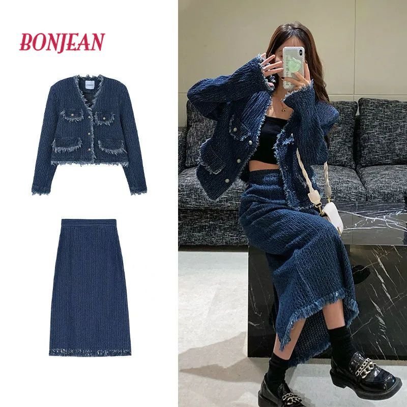 

Two Piece Dress Demin Two Pieces Women Sets Chic Button Long Sleeve Jacket Skirt Tops High Waist Aline Tassels Bodycon Set Fashion 230316
