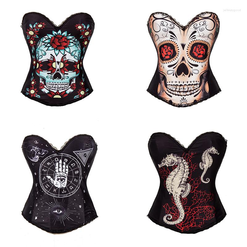 

Bustiers & Corsets Halloween Unique Sexy Corset Print Skull Hippocampus Constellation Satin Bustier Lace Strapless Corselet For Women, Black