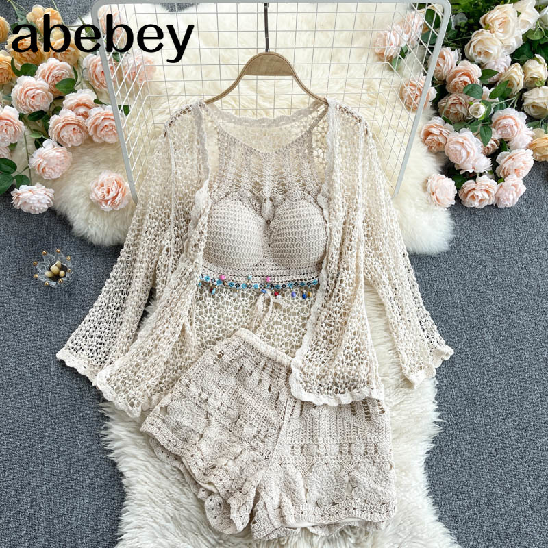 

Womens Two Piece Pants Women summer lace Suit Sexy Backless Strap Topshort Sleeve CardiganHigh Waist Short Pants Three Piece Set 230316, Apricot
