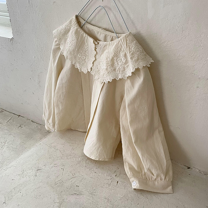 

Kids Shirts Vintage Embroidery Petal Pan Collar Toddler Baby Girls Long Sleeve Shirts Blouses Kids Tops Spring Autumn Children Clothes 230317, Beige