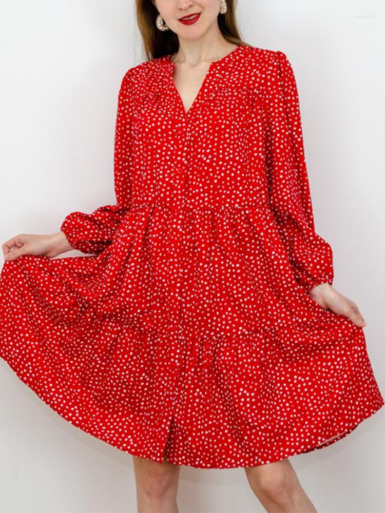 

Casual Dresses DICLOUD Women Vintage Polka Dot Shirt Dress Elegant Long Sleve V Neck A-line Loose Robe Femme Single Breasted Vestidos, Red