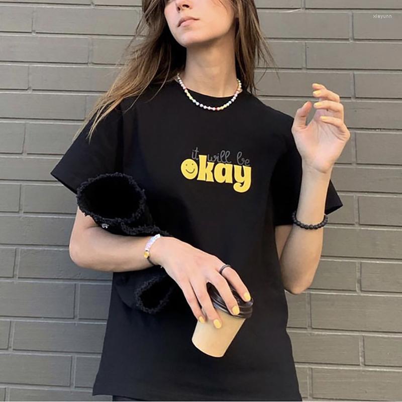 

Women's T Shirts Streetwear Women Clothing Cotton Black T-shirt Short Sleeve Tops Chic Tees Girls All Match Yellow Letters Prints Tee