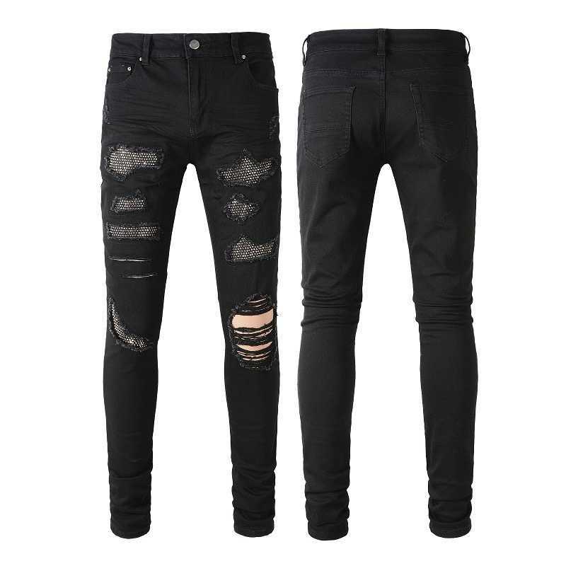 

Jeans Mens Am1r1 Trousers Pants Mirri Ripped Fashion Designer Brand New Men's White Embroidery Patch Elastic Slim Denim Hip Hop High T0HL, Black13