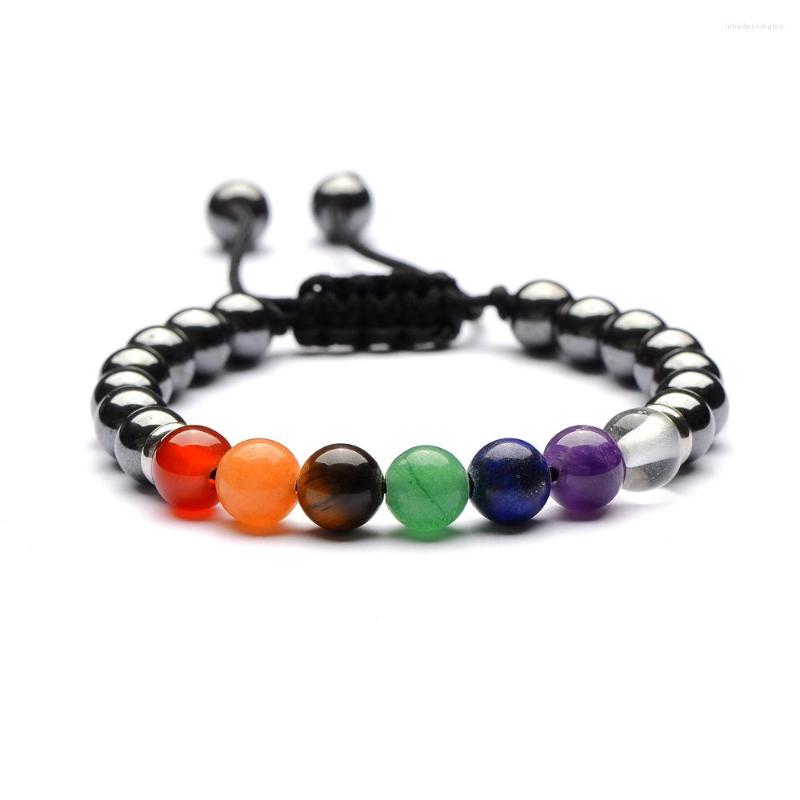 

Charm Bracelets Lover Friendship Weave 8mm Hematite 7 Chakra Turquoises Stone Bracelet Reiki Healing Beads Strand Energy Jewelry