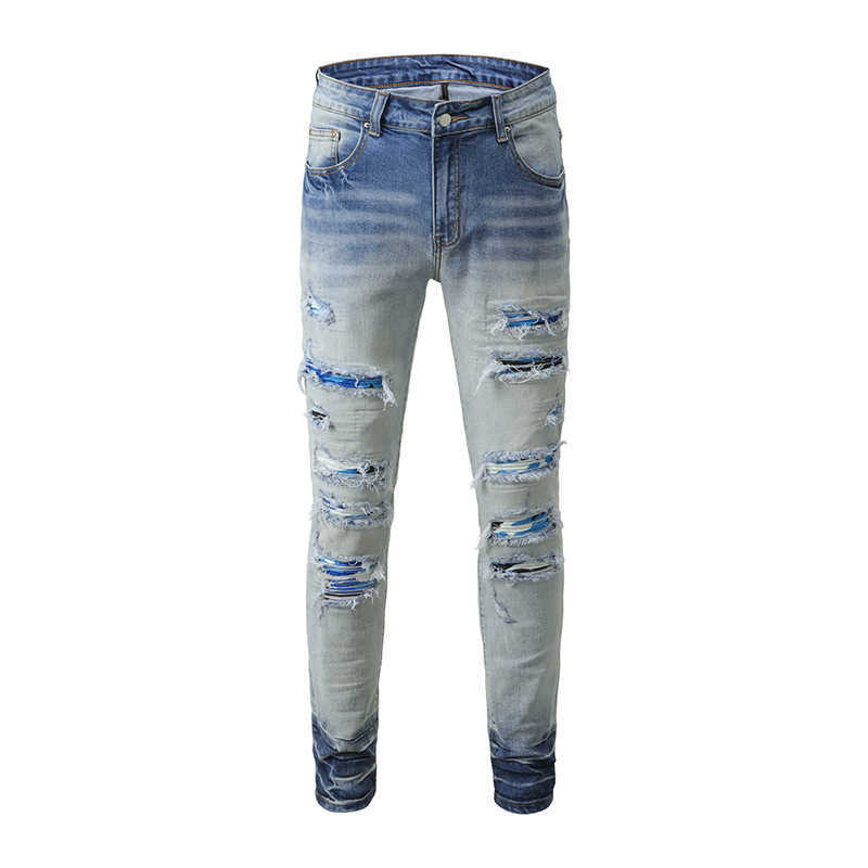

Jeans Mens Am1r1 Trousers Pants Mirri Ripped Fashion Designer Brand New Men's White Embroidery Patch Elastic Slim Denim Hip Hop High KMP5, Picture color