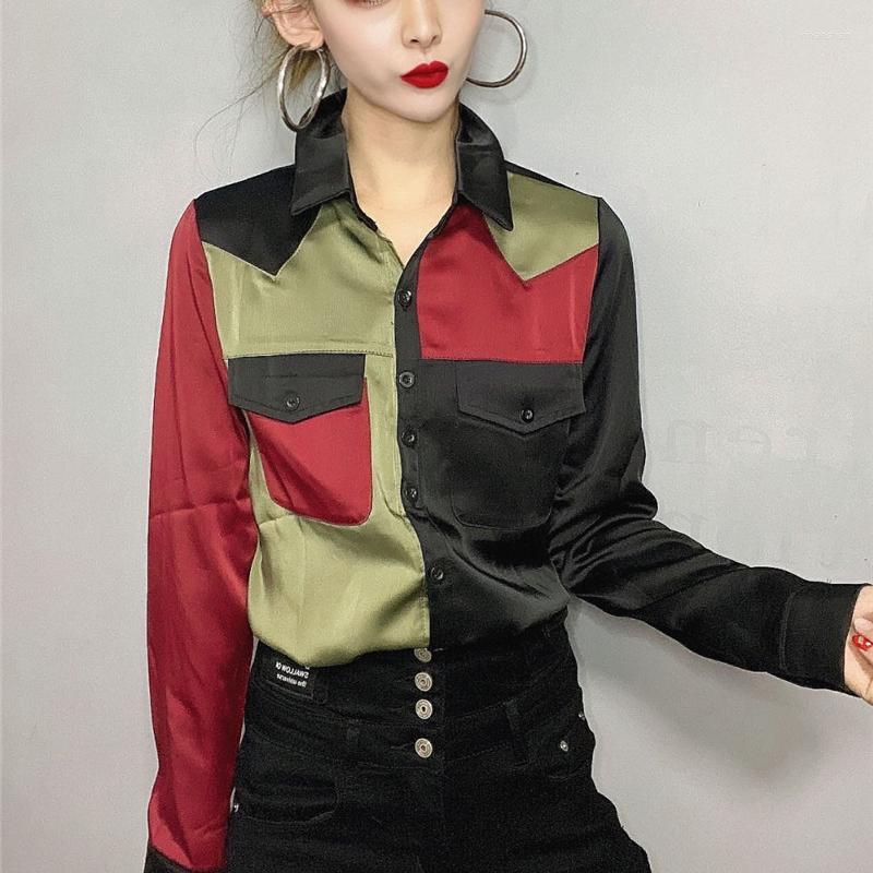 

Women's Blouses Silky Satin Contrast Color Shirts Women's European Fation Autumn Women Spring
