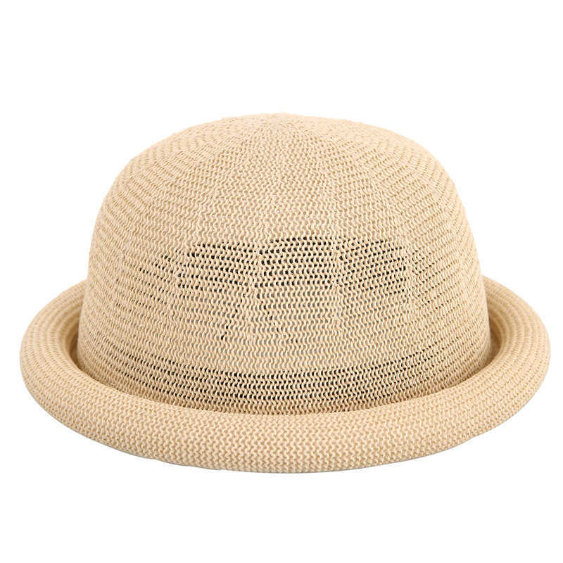 

Summer Hats Caps Men's Women's Hat Lady spring and summer new grass yarn curling dome Korean top hat fashion elegant cool hat, Light brown