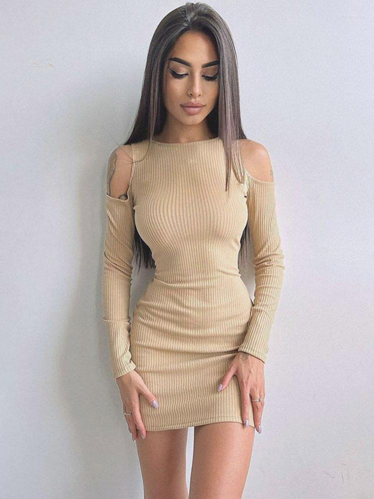 

Casual Dresses Autumn Fashion Elegant Full Sleeve Backless Mini For Women Gown Off Shoulder Lace Up Bodycon Party Dress Club, Apricot