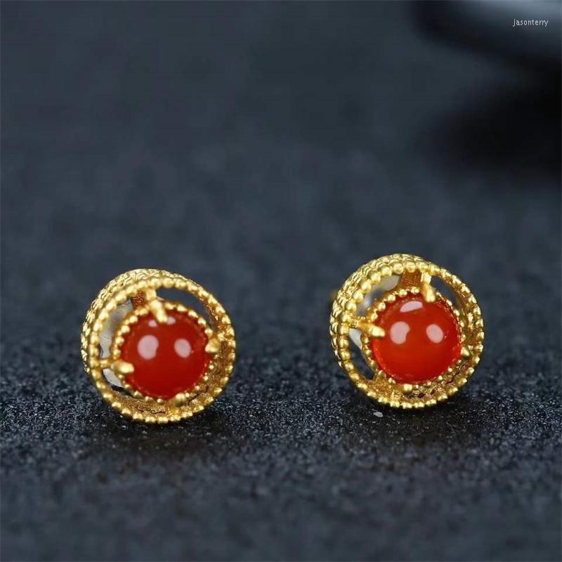 

Stud Earrings Selling Natural Hand-carved Gold Color 24k Inlay Jade Round Shape Studs Fashion Jewelry Men Women Luck Gifts