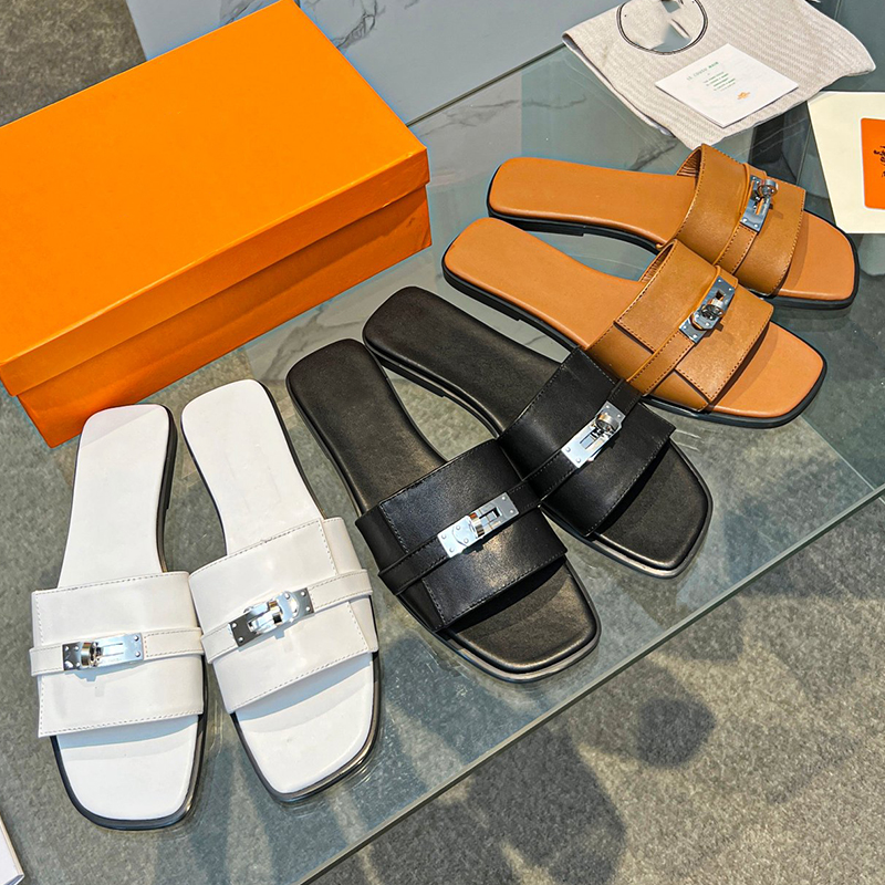 

Designer Leather Slippers with Metal Buckle: Luxury Sandals 2023, Black