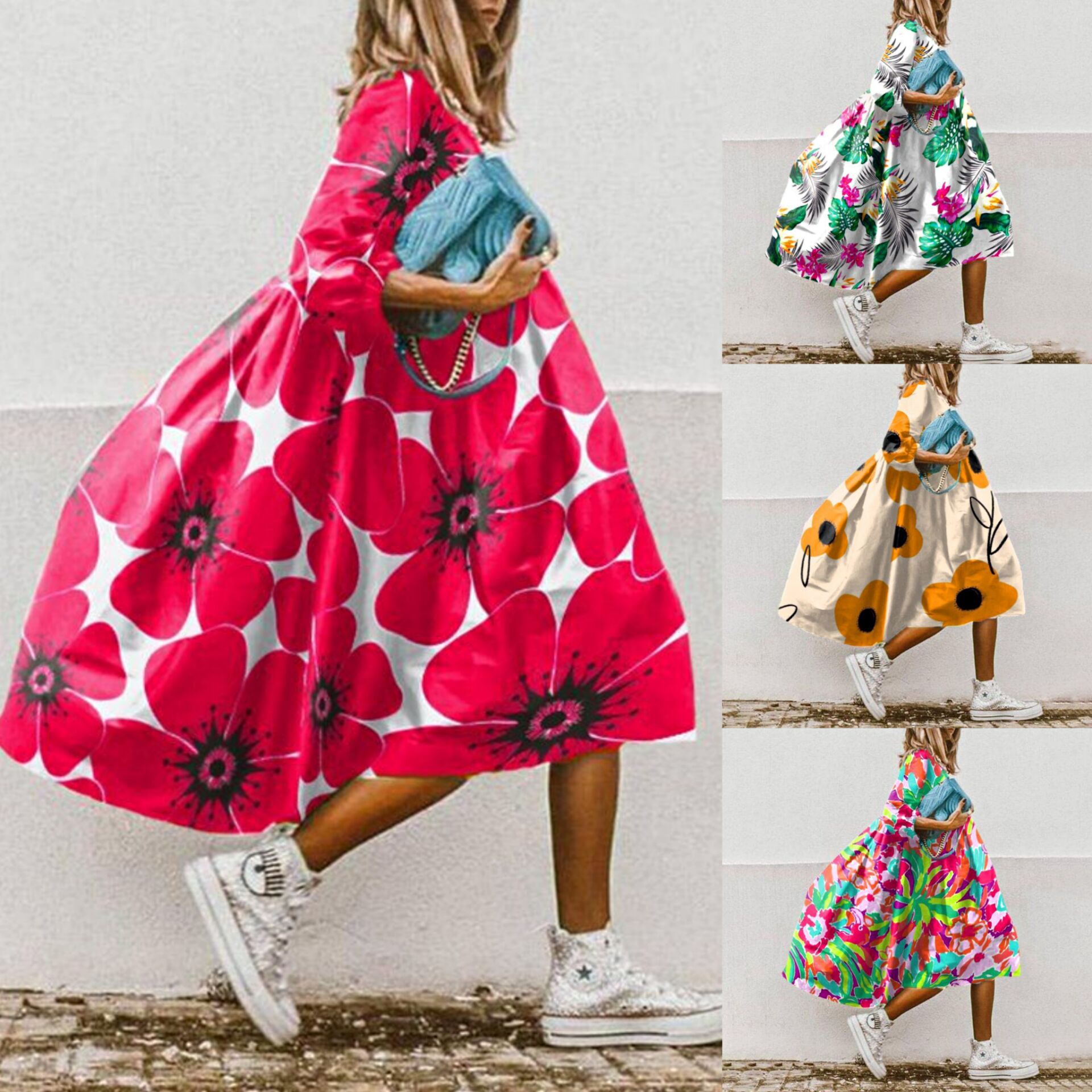 

Women Floral Print A-Line Dresses Sping Summer Fashion O Neck Loose Office Party Dresses Casual Half Sleeved Boho Beach Dress