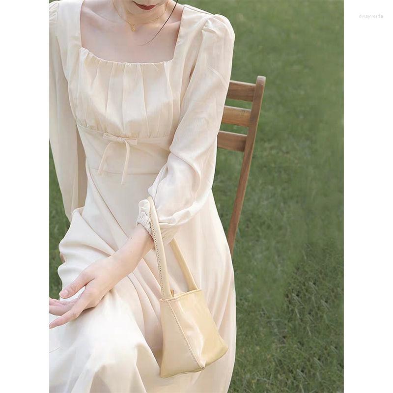 

Casual Dresses Long Dress Retro Sleeve Square-Neck Woman Vestido De Mujer Femme Robe, Apricot