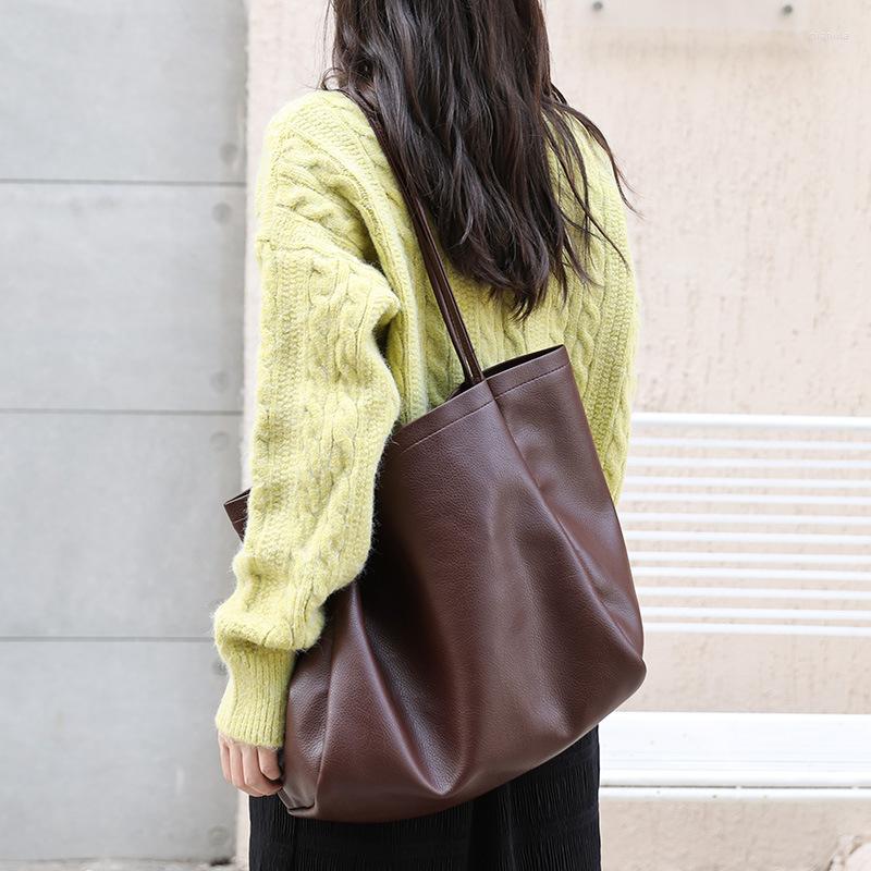 

Evening Bags Japanese Casual Vintage Handbag Ins Simple Soft Leather Pure Color Mother Bag Net Red Fashion Pu Shoulder, Brown