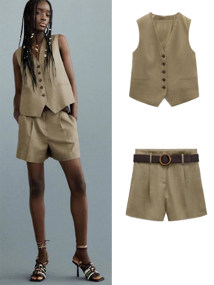

Womens Two Piece Pants Zach AiIsa Summer Womens Versatile Sleeveless VNeck Linen Vest Belted Linen Blend Casual Shorts 230316