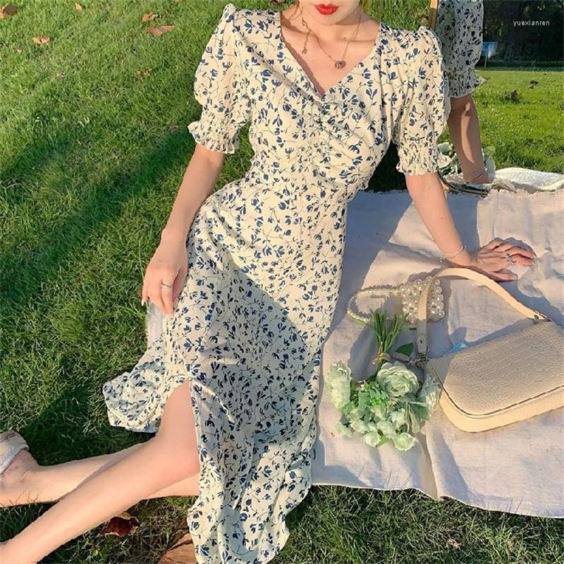

Casual Dresses 2023 French Summer Women' Floral Slim Fit Puff Sleeve Dress Fashion Party Office Retro Short Long, Blue