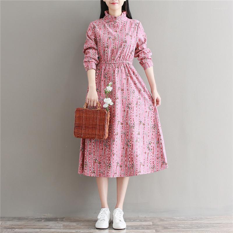 

Casual Dresses Mori Girl Autumn Spring Women Sweet Dress Blue Pink Animal Print Vestidos Longo Vintage Corduroy Midi Chic MH912, Photo color