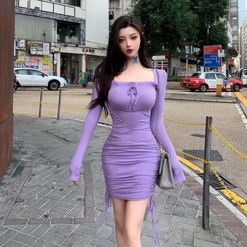 

Casual Dresses WOMENGAGA Korean Fashion Square Neck Long Sleeve Skinny Package Hip Dress Ruched Detail Now Side Drawstring 3JV4, Purple