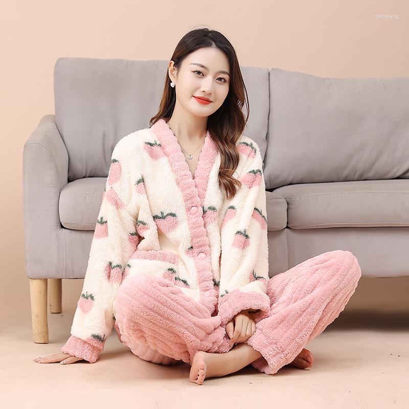 

Women's Sleepwear V Kimono Winter Flannel Warm For Women Japan Style Printed Nightwear Coral Fleece Pjs Home Suit Ladies Clothes, Orange