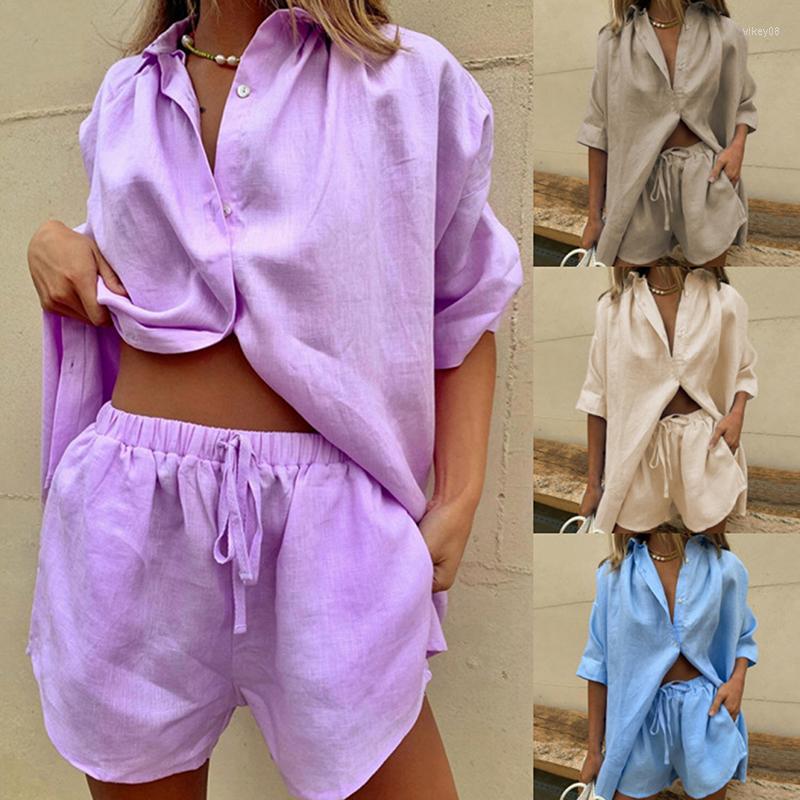 

Women' Sleepwear Casual Womem Lounge Wear Summer Tracksuit Shorts Set Long Sleeve Shirt Tops And Mini Suit Two Piece, White