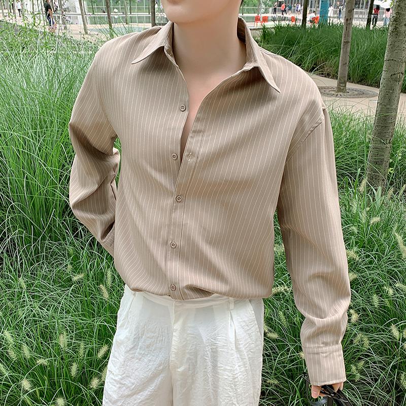

Men's Casual Shirts Business Leisure Office Men's Stripe Lapel Long Sleeve Button Shirt Spring And Autumn Fashion Loose Men Social Dress, Khaki