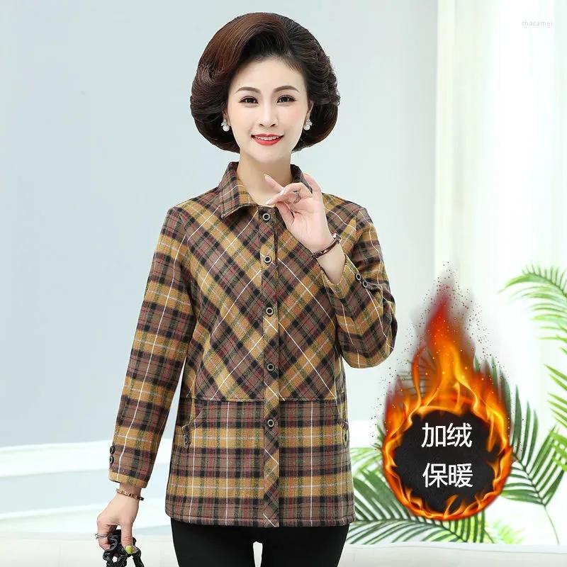 

Women's Blouses Add Velvet Plaid Shirt Blouse Middle-Aged Mother Autumn Winter Thickened Warm Bottoming Women's Printed Jacket Tops, Yellow