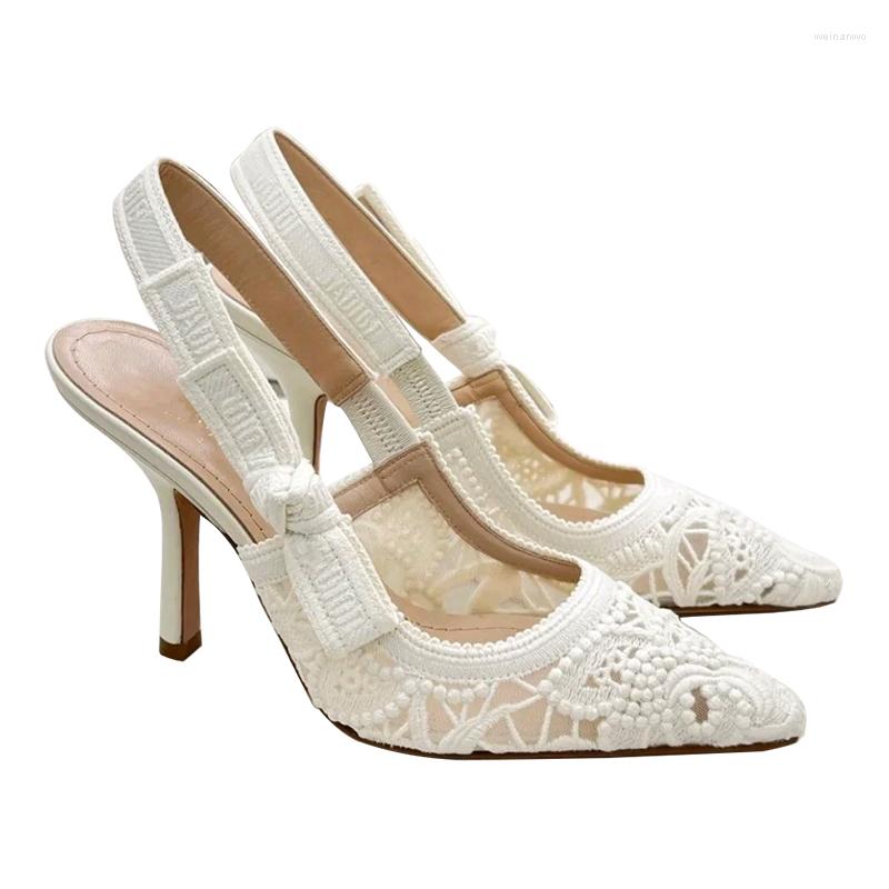

Sandals Hollow Mesh High Heels Ladies Bowknot Lace Pointed Toe Heel, Beige