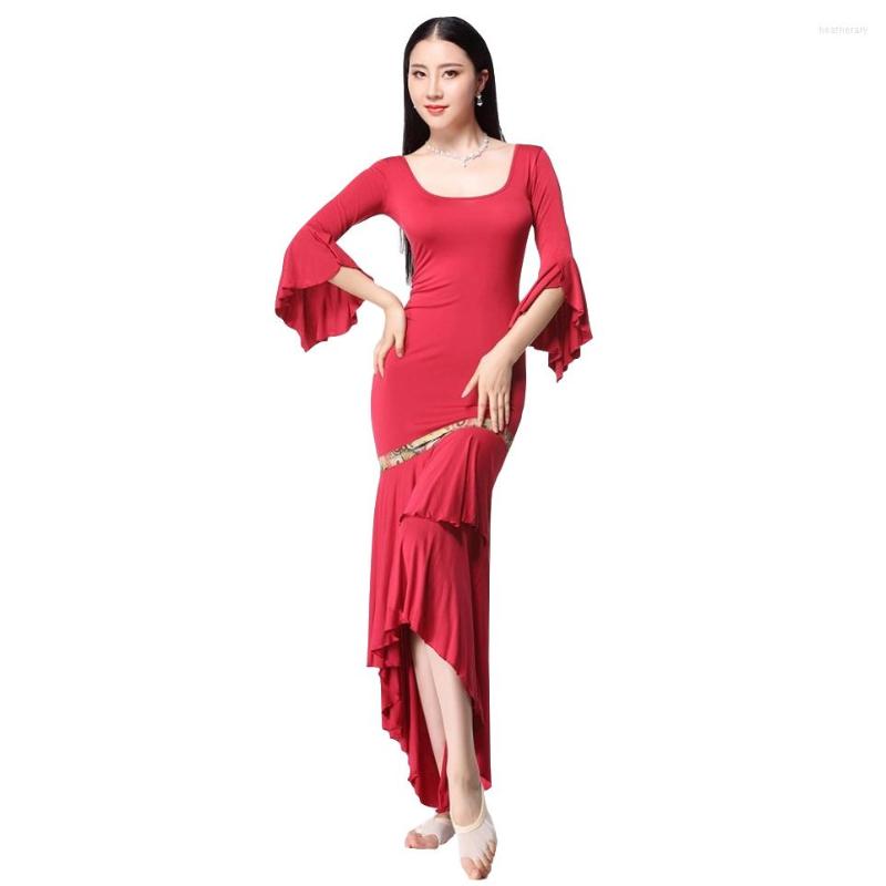 

Stage Wear Arrivals 2023 Women Belly Dance Modal Long Maxi Dress Flare Sleeve Backless Baladi Ruffles Dresses With Ribbon, Black
