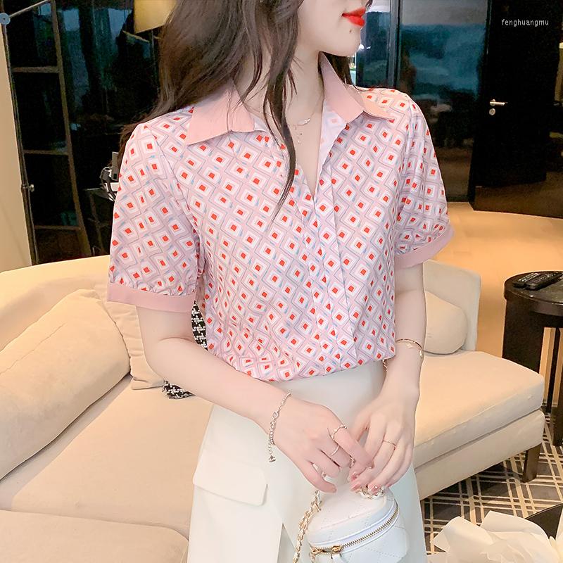 

Women' Blouses Summer Season Blouse Women Shirts Pink Plaid Korean Fashion Short Sleeve Polo Neck SATIN Ladies Tops Camisas De Mujer