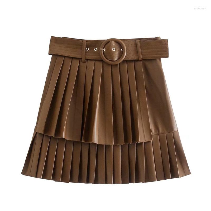 

Skirts Women Fashion Pleated Mini Skirt With Belt Brown Faux Leather VIntage High Waist Side Zipper Female PU -L, Picture shown