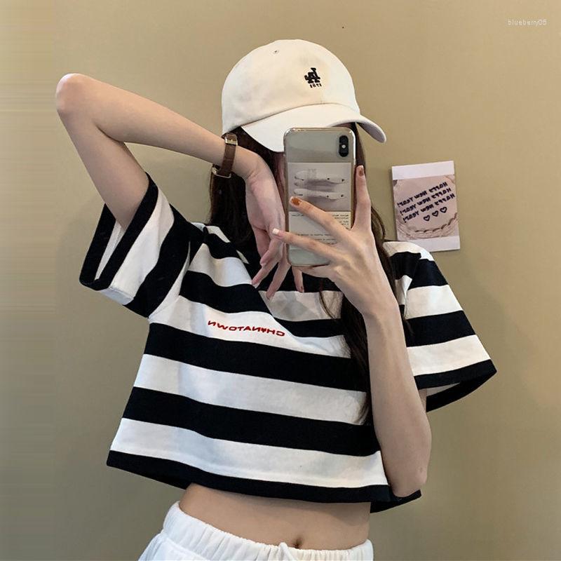 

Women' T Shirts Black White Striped Cropped Top Women Summer Korean Loose Short-sleeved T-shirt Fashion Egirl Letter Print Oversized Shirt, Green