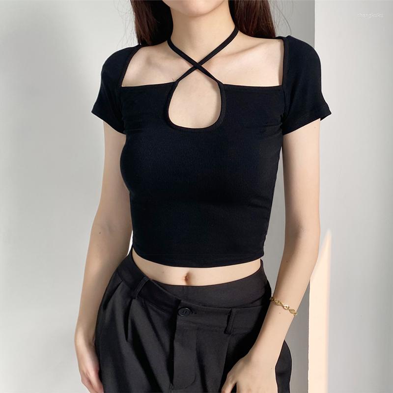 

Women' T Shirts Women Crisscross Halter Neck Short Sleeve T-shirt, Black