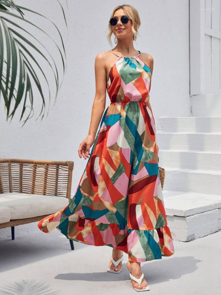 

Casual Dresses Retro Floral Print Maxi Dress Women Sexy Halterneck Sleeveless Long Holiday Party Loose Sundress Vestido De Mujer, Picture shown