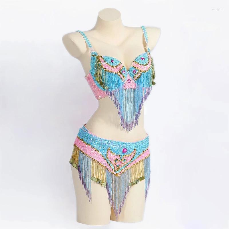 

Stage Wear Size S-XL Performance Women Dancewear Professional Outfit Long Oriental Beaded Belly Dance Costume Bra Belt, Blue