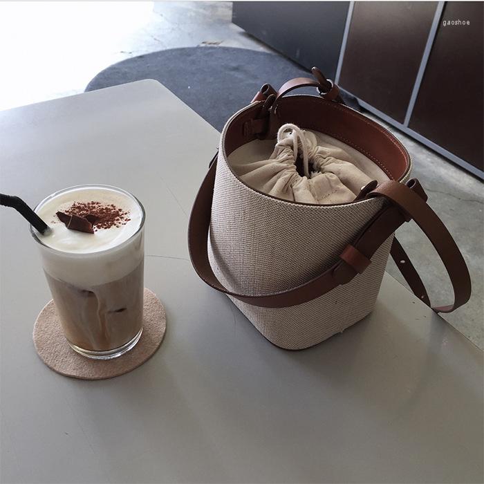 

Evening Bags Korean Ins PU Leather Handbags Vintage Draw String Bucket Shoulder Bag Large Capacity Handle Totes Beige Canvas Crossbody