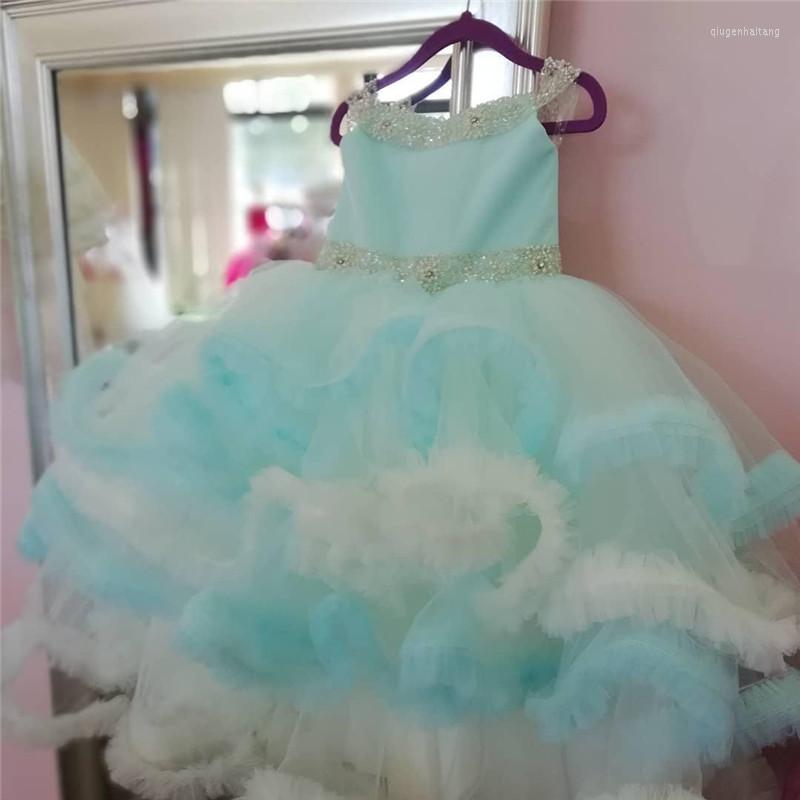 

Girl Dresses Customized Sky Blue Puffy Flower Girls Cloud Beads Children Party Pageant Birthday Gown, Red