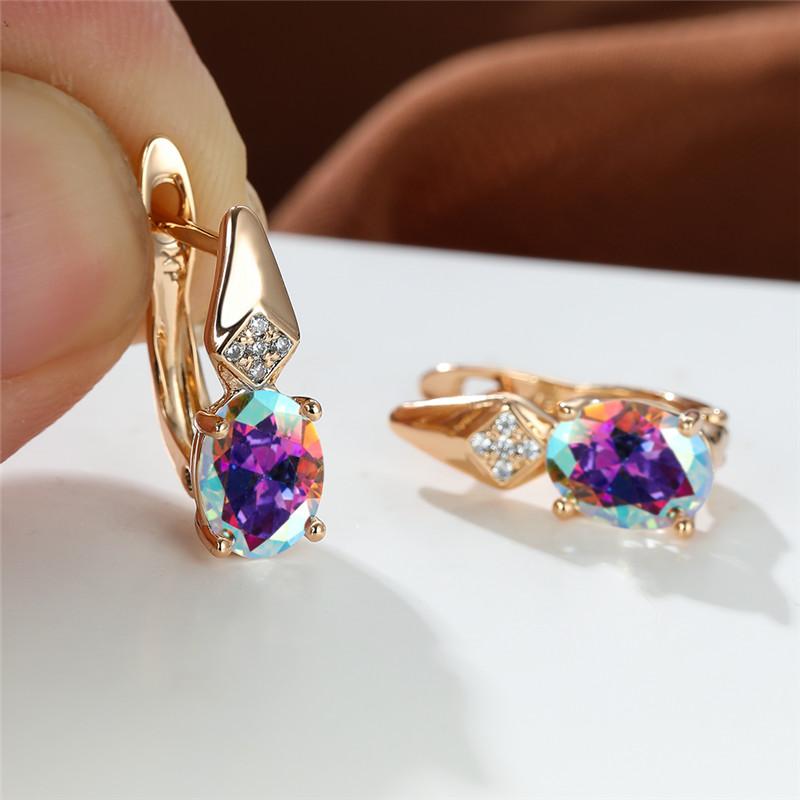 

Hoop Earrings & Huggie Rainbow Crystal White Zircon Geometric Oval Stone Rose Gold Color Wedding For Women Boho JewelryHoop