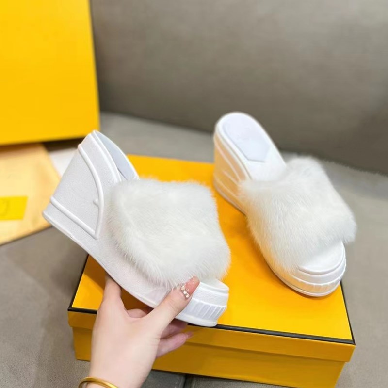 

High Heel Slippers Women's Mink fur Embellished Sexy the lazy Slippers Open Toe Mules Summer Walk Holiday Casual Beach Wedge Fur Slippers 35-42 size, Yellow box