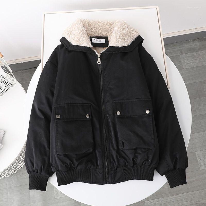 

Women' Trench Coats 2023 Autumn Winter Plus Velvet Liner Candy Colored Tooling Women' Loose Coat Collar Wool Imitation Lamb Student, Black