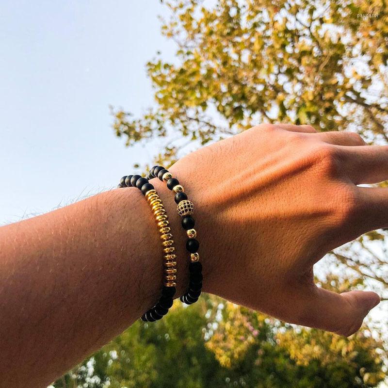 

Strand Fashion 2pcs/set Disco Bracelet Men Handmade Pave CZ 6mm Matte Bead For Jewelry Gift