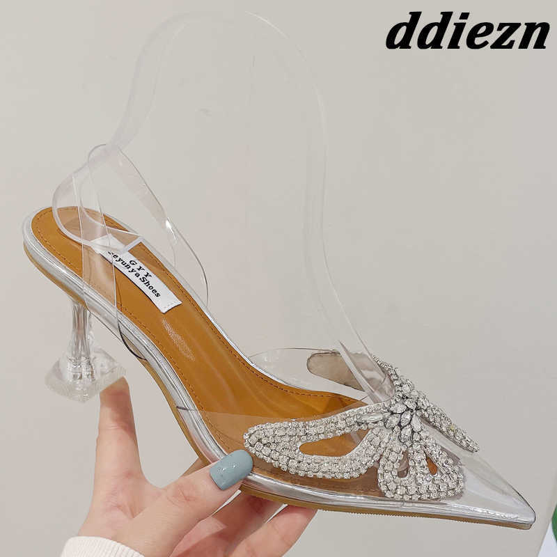 

Fashion Slingback Women High Heels Sandals New 2023 Transparent Ladies Pumps Crystal Shoes Mules Rhinestones Female Sandal 0316, Silver