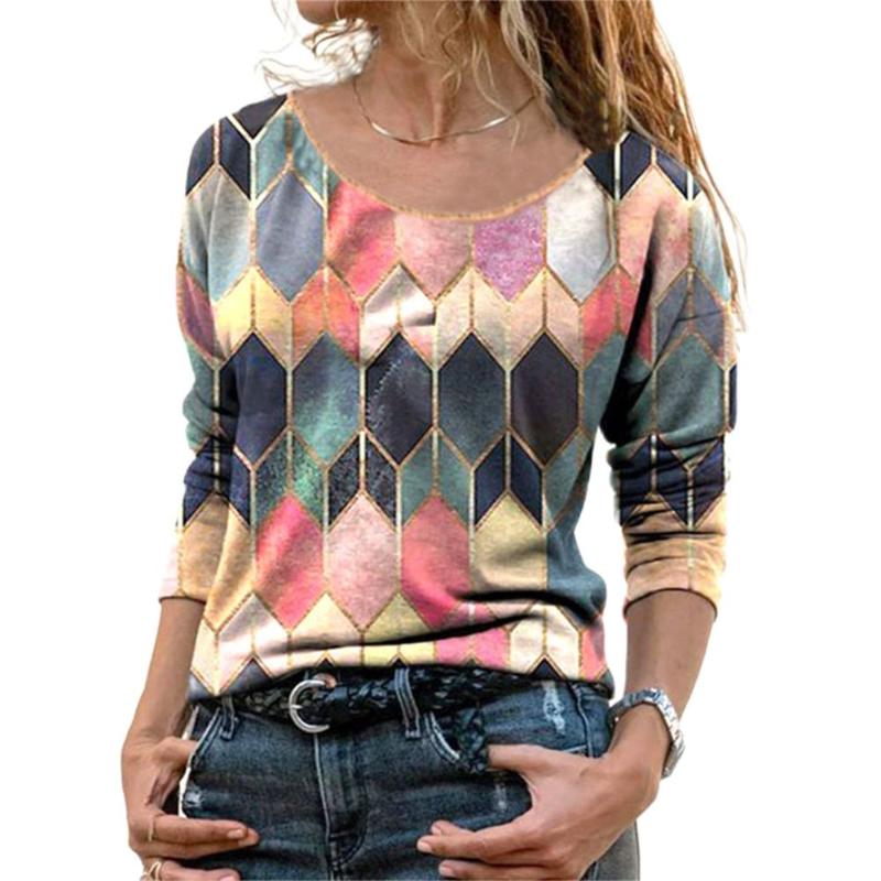 

Women' T Shirts Fashion Geometric Patterns Women Shirt 2023 Spring Tops O-Neck Print Casual Loose Long Sleeve Female Vintage Tee, Green