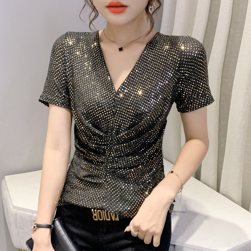 

Women's T-Shirt #6003 Summer Tops Short Shinny T Shirt Women V Neck Folds Sexy Skinny Sequined T Shirt Female Short Sleeved Tee Shirt Femme 230317, Silver short sleeve