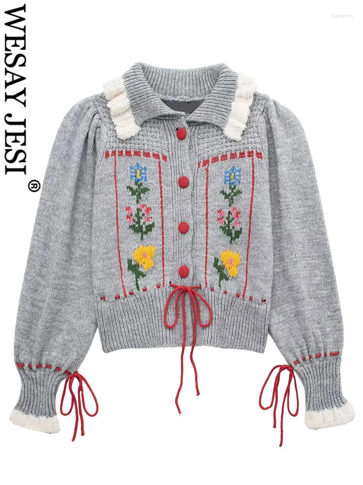 

Women' Knits Fashion Vintage Sweet Flower Embroidery Sweater Cardigan Lapel Long Sleeve Button Female Casual Knitwear Tops, Gray
