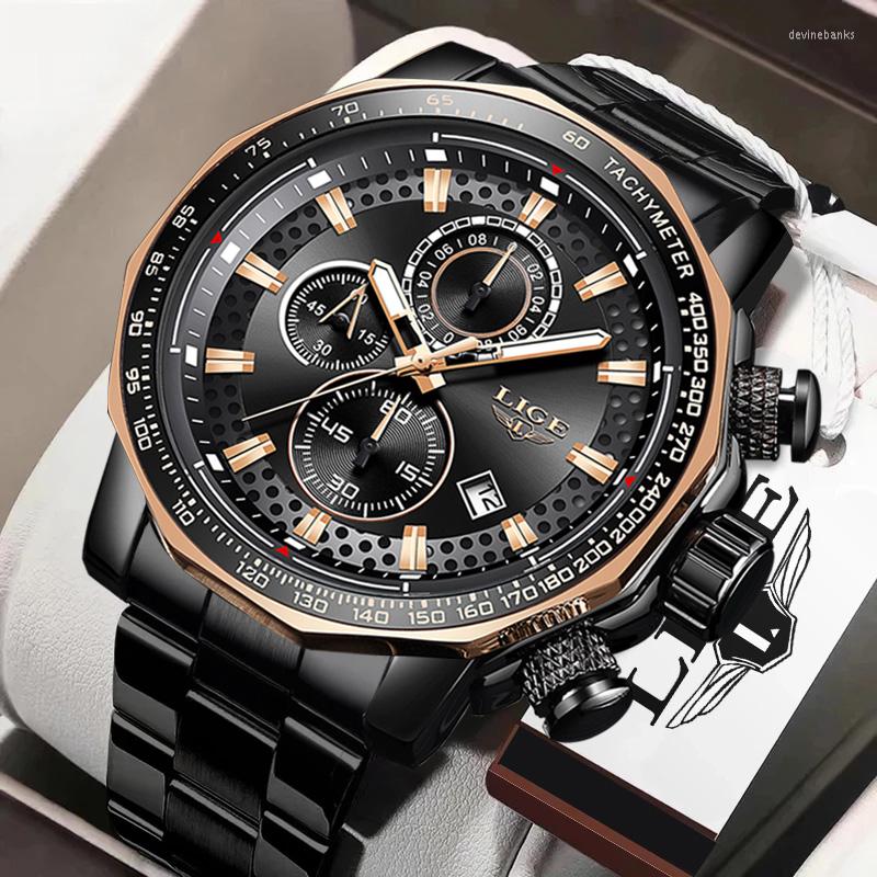 

Wristwatches LIGE Men Watches Waterproof Date Brand Clock Luxury Large Dial Watch For Chronograph Stainless Steel Quartz Wrist, Black white